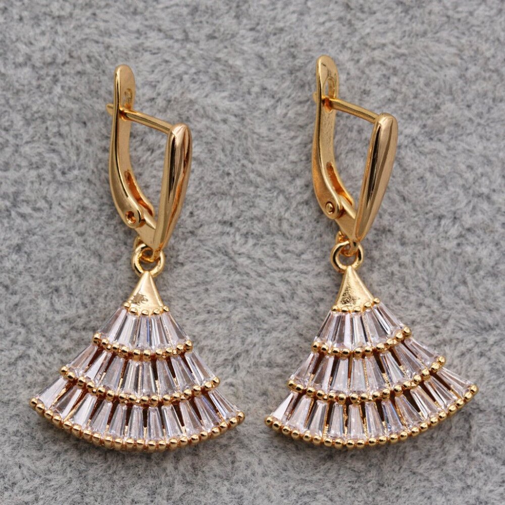 18K Yellow Gold Filled Geometric Sector Diamond Zircon Dangle Earrings Gorgeous